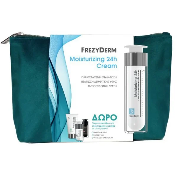 Frezyderm Promo Moisturizing 24h Cream Ενυδατική Κρέμα Προσώπου Μεγάλης Διάρκειας, 50ml & Δώρο Facial Scrub Απαλό & Δροσερό Τζελ για Απολέπιση Προσώπου, 15ml & Δώρο Eye Balm Κρέμα για τις Σακούλες στα Μάτια, 5ml & Δώρο Velvet Colors Medium Make-up Ιδανικής Χρωματικής Κάλυψης με Βελούδινη Ματ Υφή